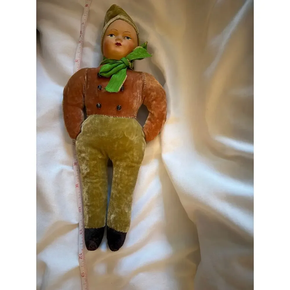 Vintage Composition Face Cloth Body Girl Doll Velvet Folk Costume 12